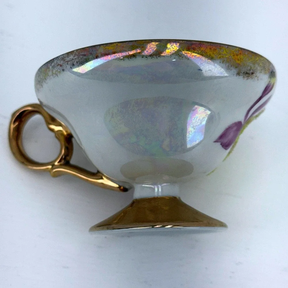 Vintage Japan Sterling‎ China Iridescent Floral Textured Pansy Teacup & Saucer